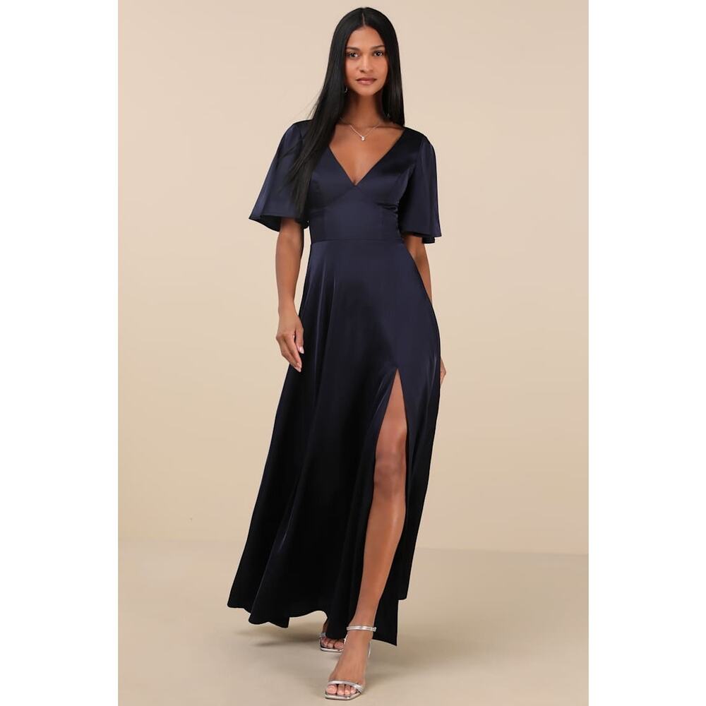 Lulu's Navy Satin Maxi Dress with Side Slit